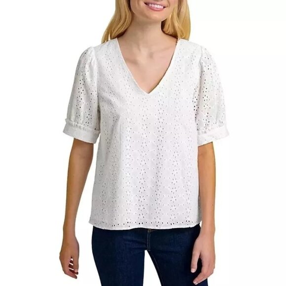 Draper James Ladies V-Neck Puff Short Sleeve Top White Eyelet Size XXL - Picture 1 of 8